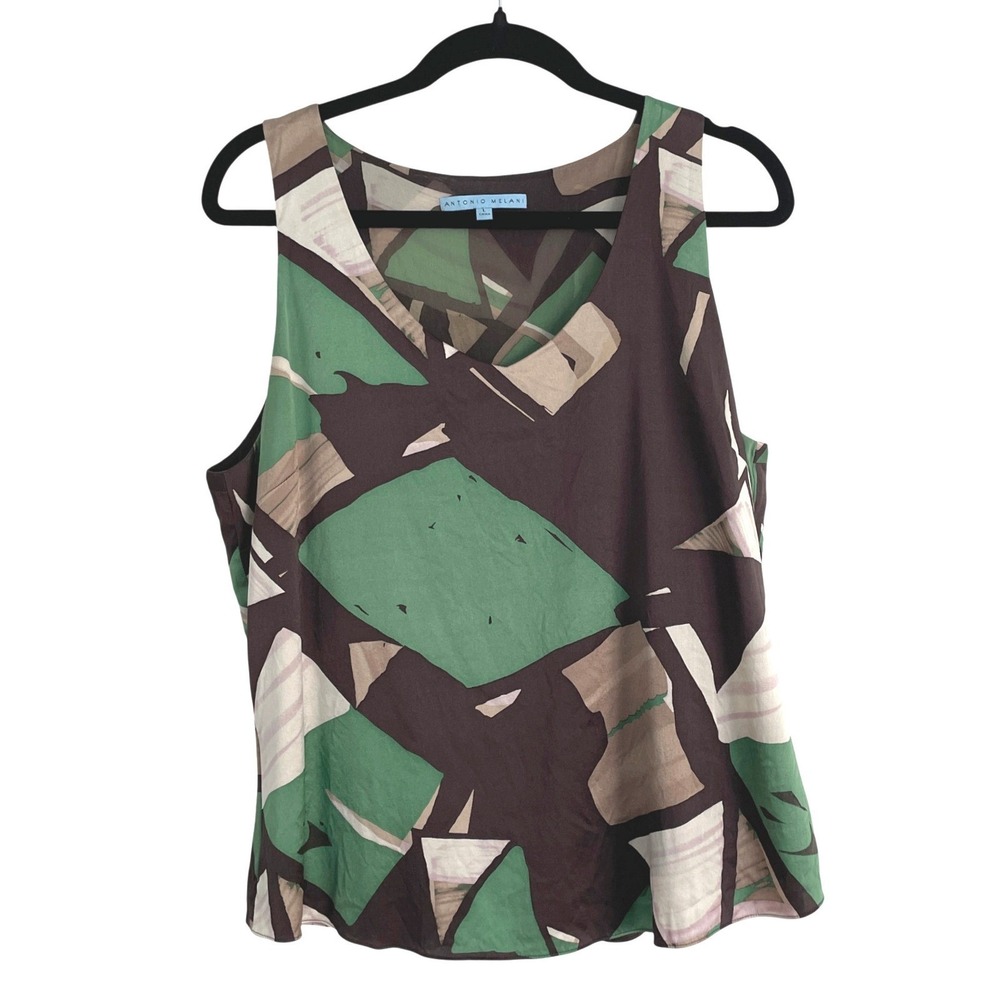 Antonio Melani Silk Blend Geometric Abstract Print Tank Top Green Brown Large